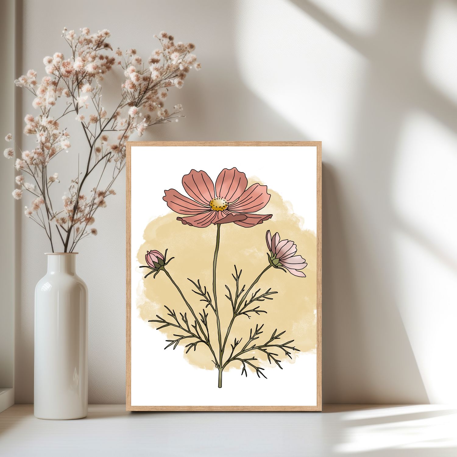 Cosmea – botanische bloemenposter met handgetekende bloem