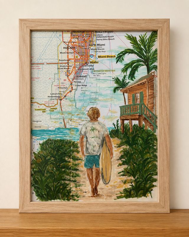 Chasing Waves – origineel kunstwerk op kaart van Miami