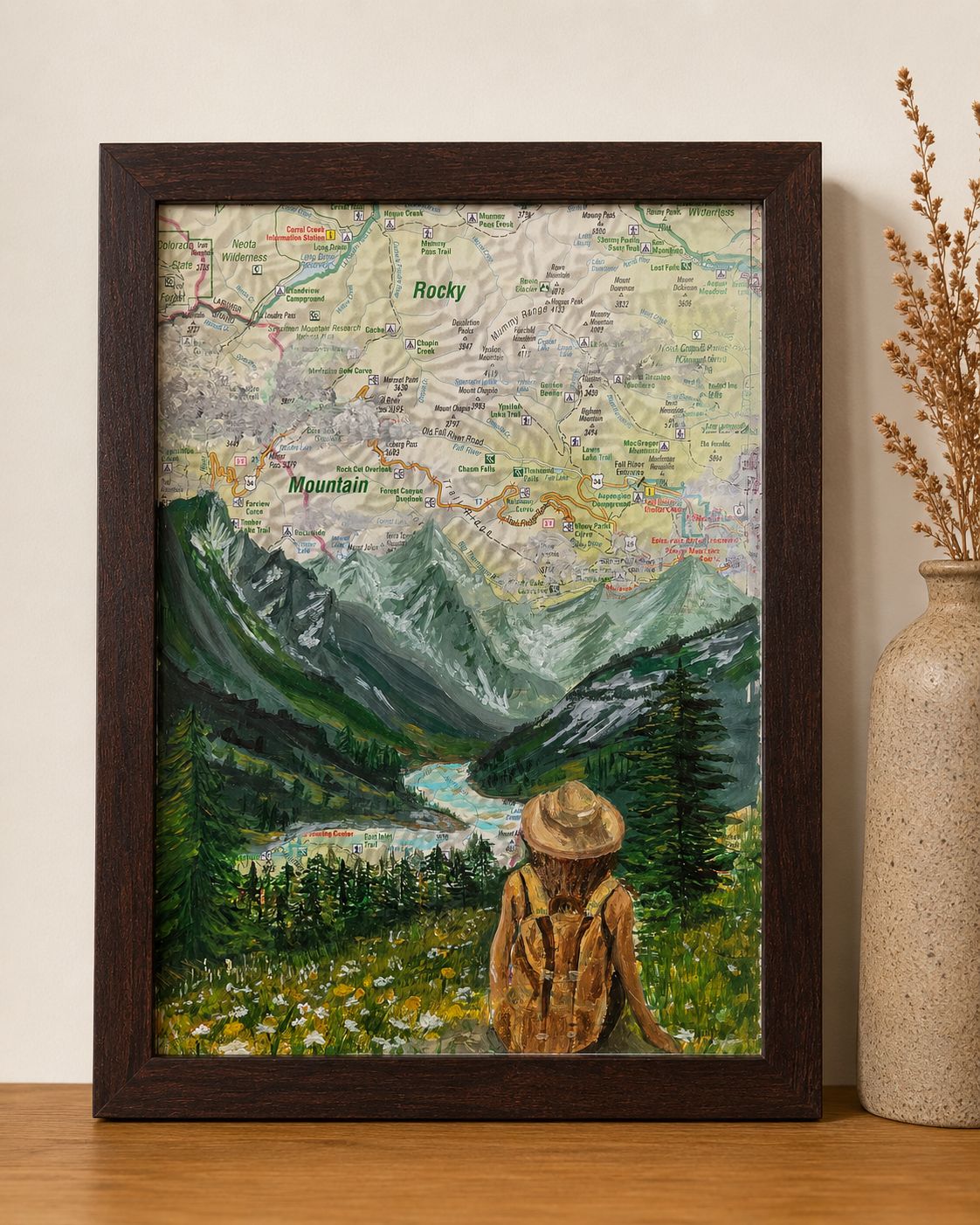 Into the Mountains – origineel kunstwerk op kaart van de Rocky Mountains