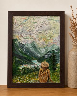 Into the Mountains – origineel kunstwerk op kaart van de Rocky Mountains
