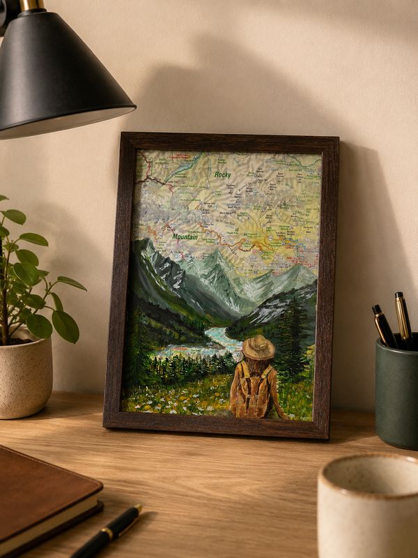 Into the Mountains – origineel kunstwerk op kaart van de Rocky Mountains