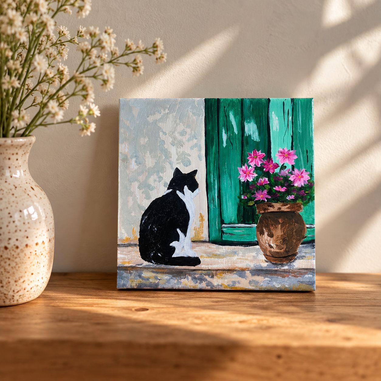 Handgeschilderd tegeltje – De kat bij de deur | 10 × 10 cm