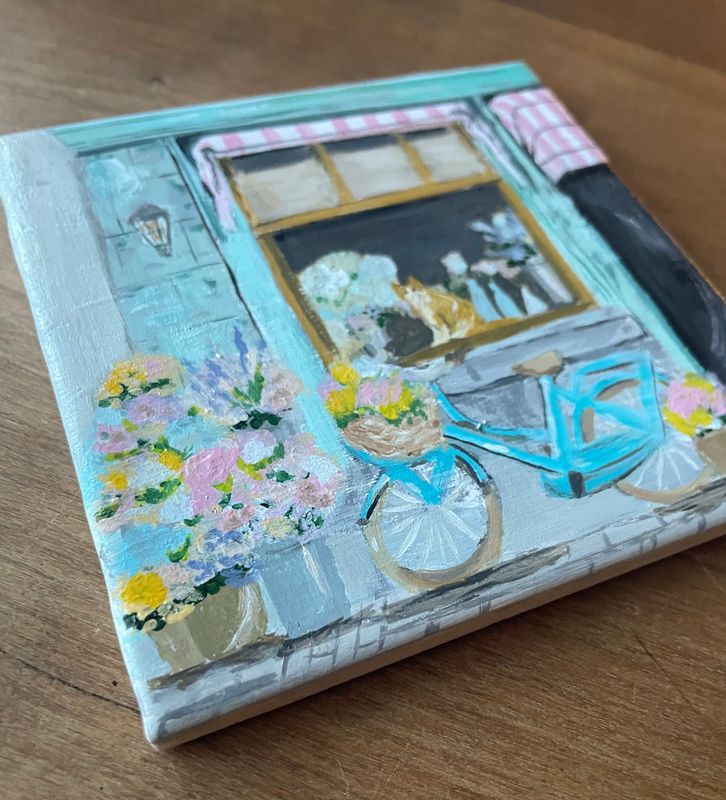 De bloemenwinkel – handgeschilderd tegeltje | 10 × 10 cm