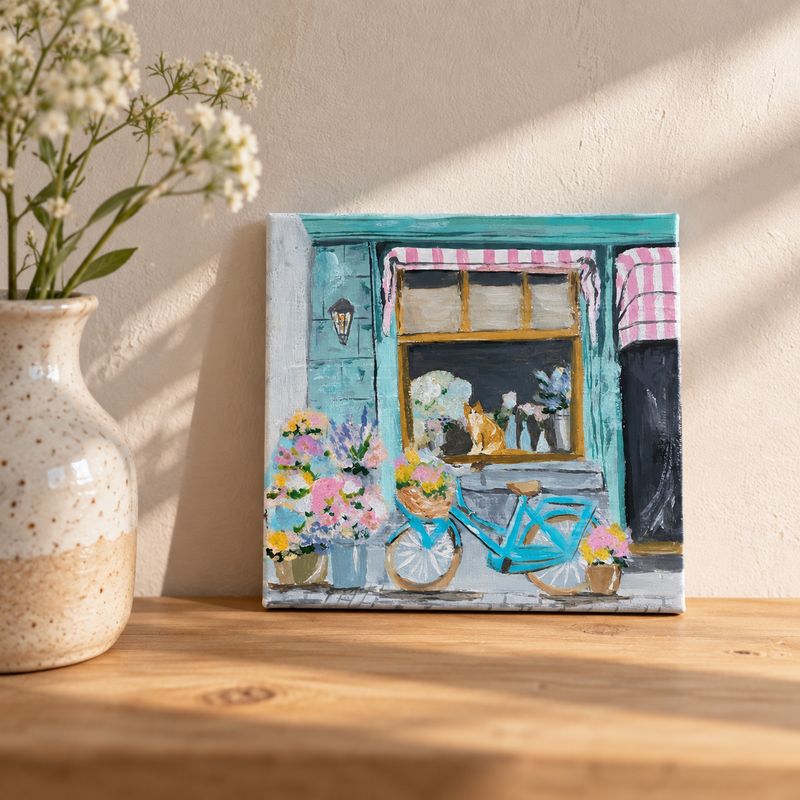 De bloemenwinkel – handgeschilderd tegeltje | 10 × 10 cm