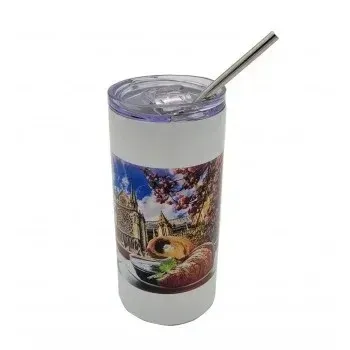 Gobelet isotherme avec paille en inox - Ø 7,3 x 15,5 cm - 480 ml