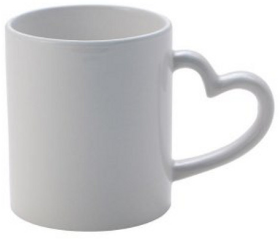 Mug blanc avec poigné en forme de cœur Détails :Le mug en céramique QUALITÉ : Premium HAUTEUR : 98 mm DIAMÈTRE : 80 Les tarifs entre 18.00 € à   12.60  €