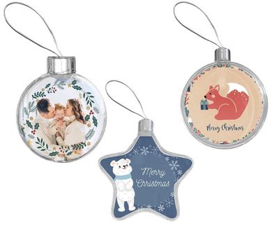 Boule : Ø 8.5 cm / Plaque sublimable : Ø 8 cm  Boule Plate : Ø 8 cm / Plaque sublimable : Ø 7 cm  Étoile : 9 x 8 cm / Plaque sublimable : 8.5 x 7.5 cm le prix entre 29.00€ à 20.30 €