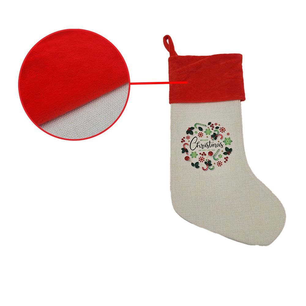 Lot de 3 chaussettes de Noël en tissu imitation chanvre avec bande velour rouge 47 x 18 cm