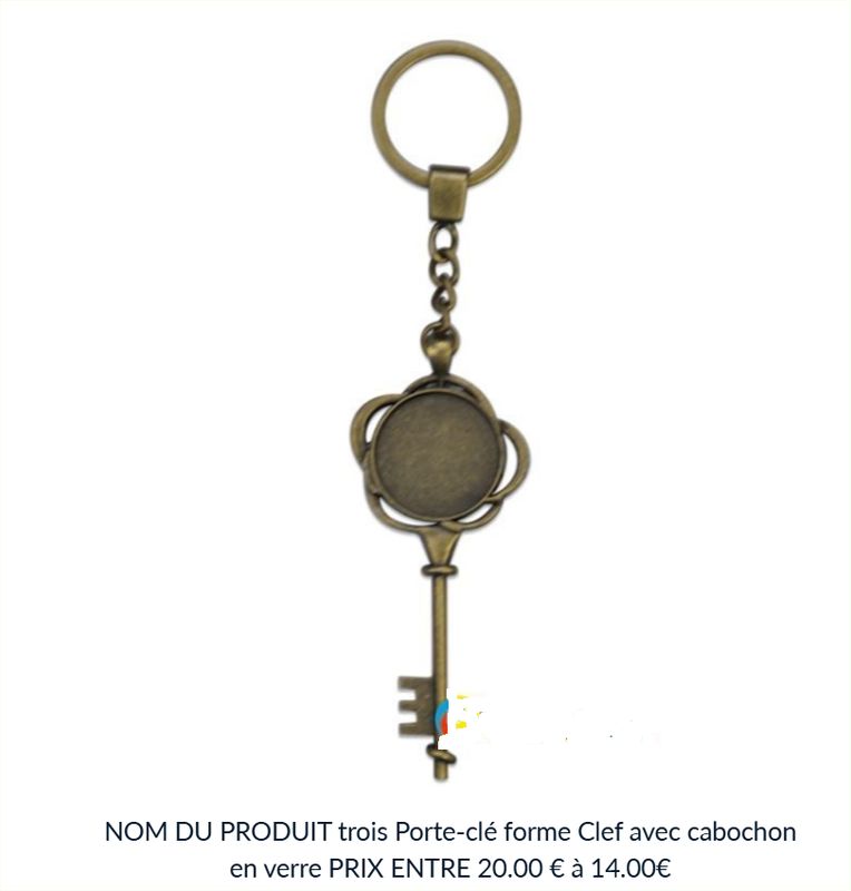 Porte-clés carré en métal bronze avec cabochon en verre    prix entre 20.00€ à 16.00€