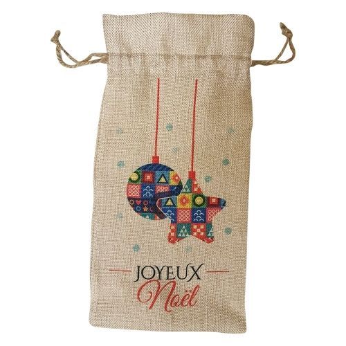 2 sacs pour bouteille/sacs de Noël en tissu imitation chanvre - Beige - 17 x 34 cm