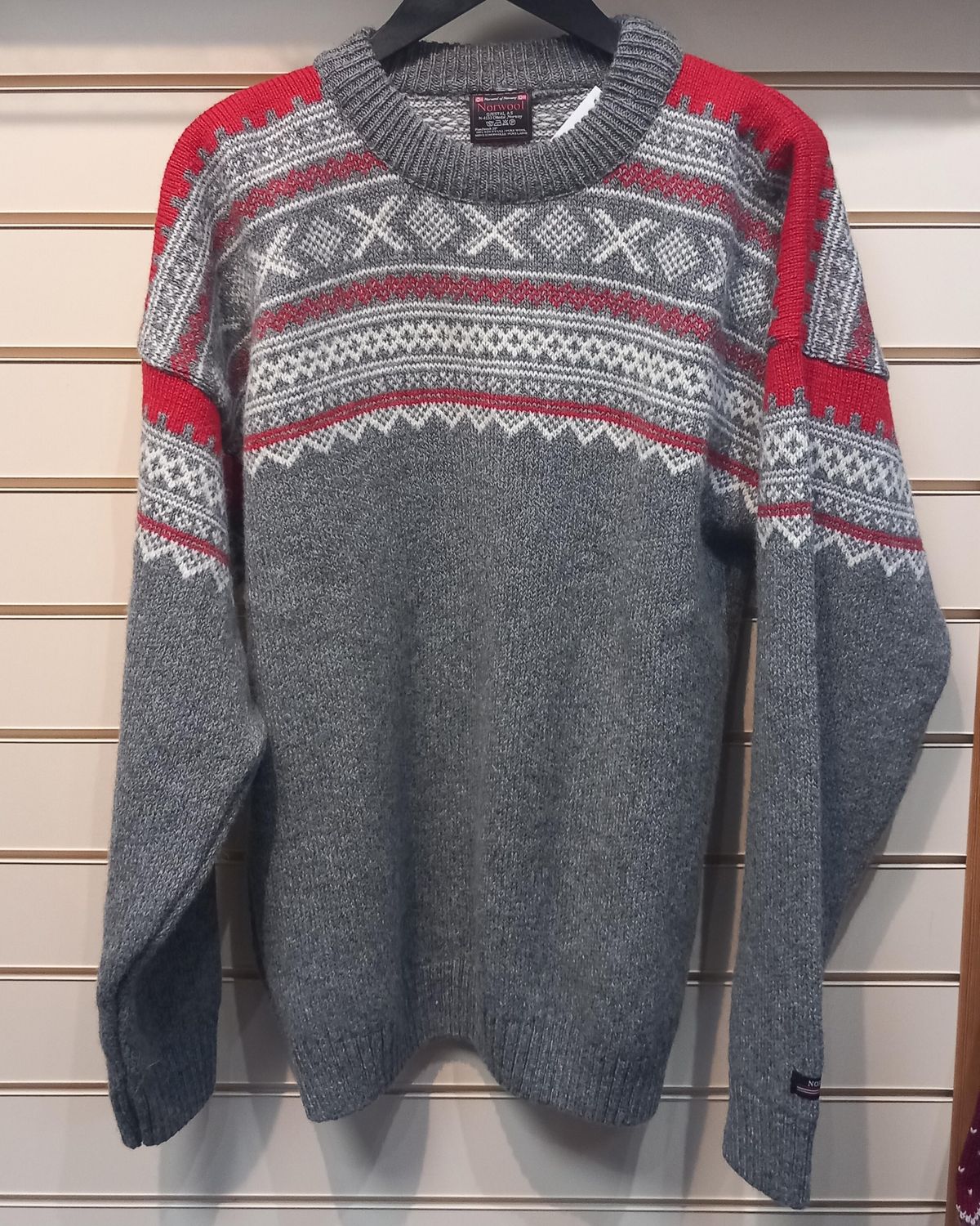 Norwool - Crew Neck (193CN), Colour: Grey/Red (205), Size: XS, Style: Crew Neck