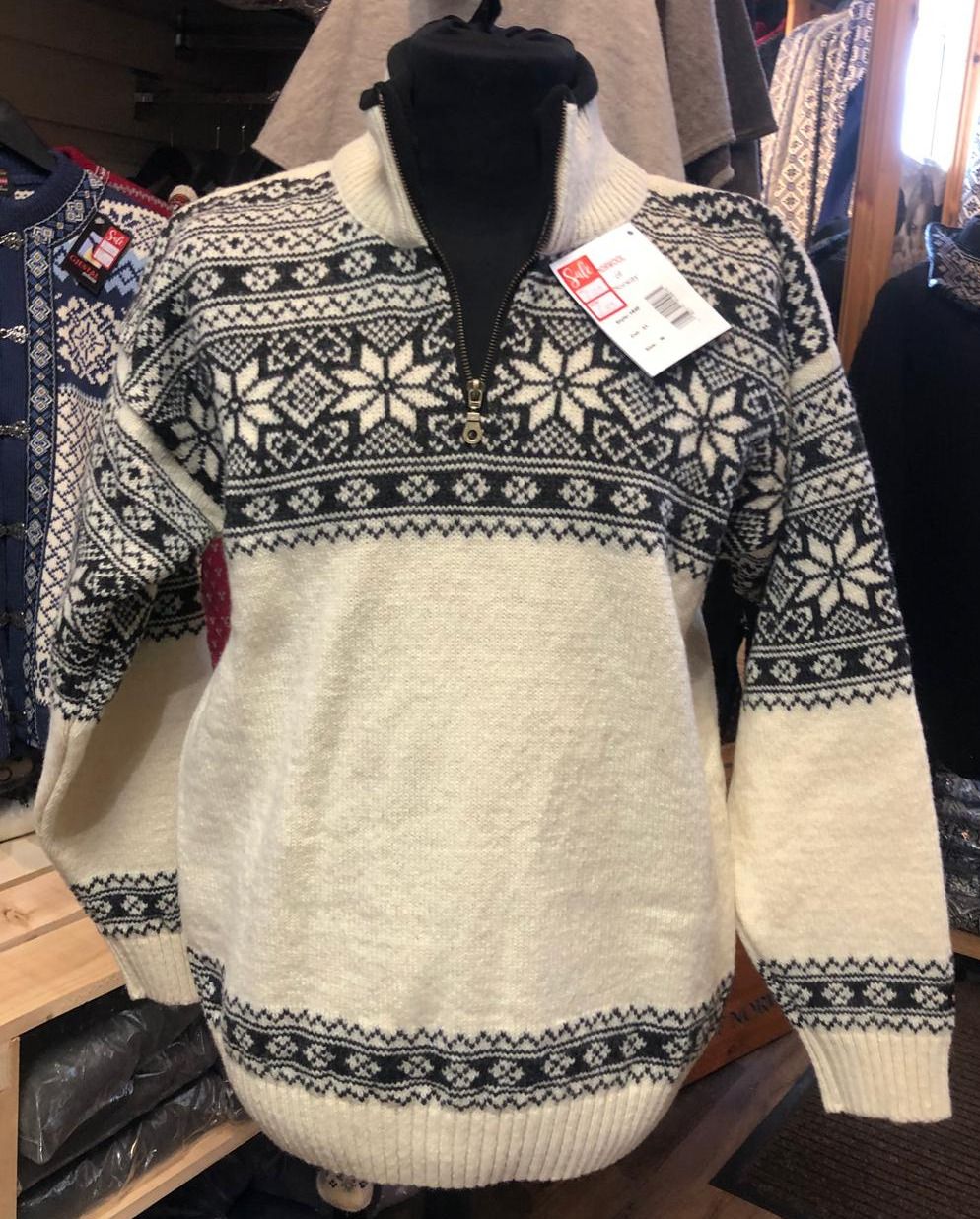 Norwool - Snowflake Pattern Half Zip (184F), Colour: White, Size: XS, Style: Half Zip
