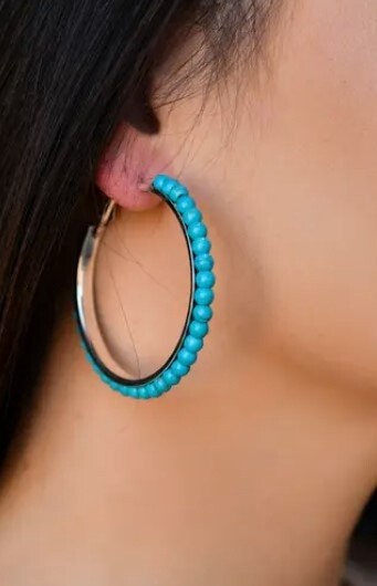E516TQ Turq Beaded Hoop Earrin