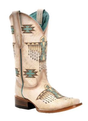 Z5219 Bone Square Toe Boot W/Turq Pheonix