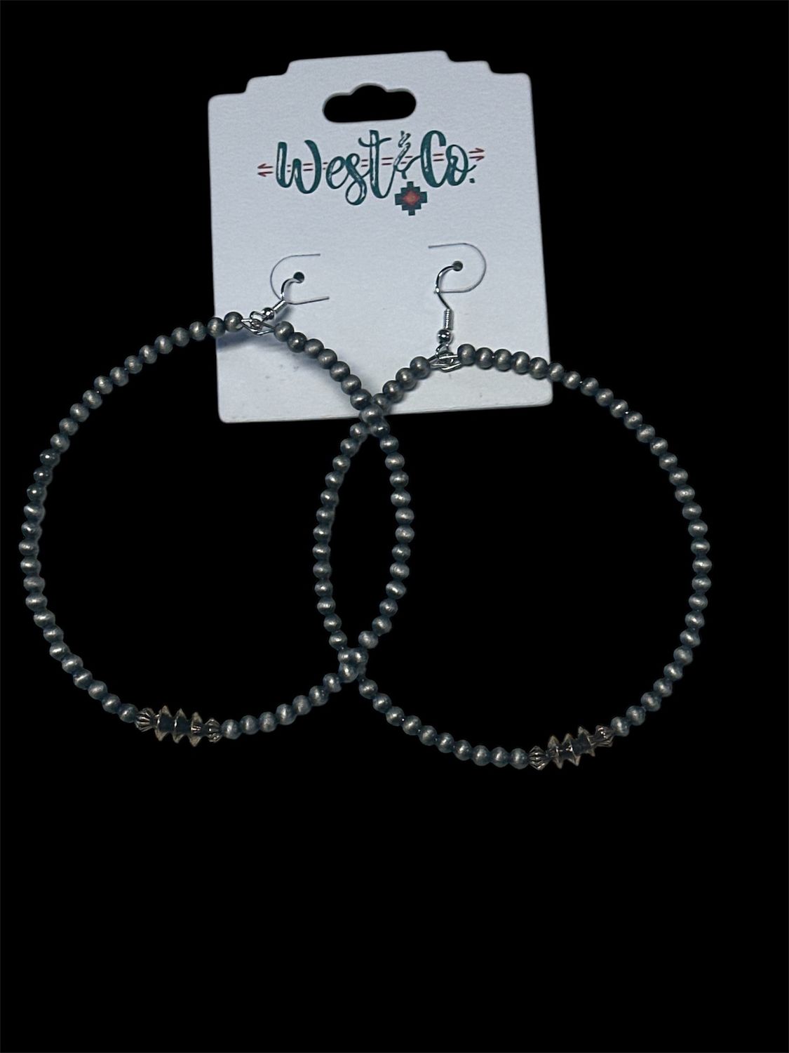 E998 Faux Navajo Bead Hoop Earring W/Sil Discs French Wire, Colour: Sil/Sil