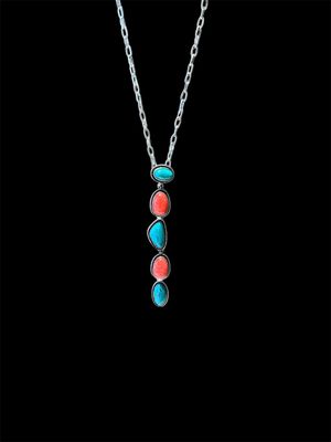 N1452 20&quot; Silver Necklace W/Coral and Turq 5 Stone Drop