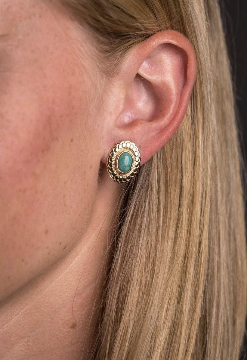 E680G Gold Concho Post Earring With Tuq Stone, Colour: Gol/Turq