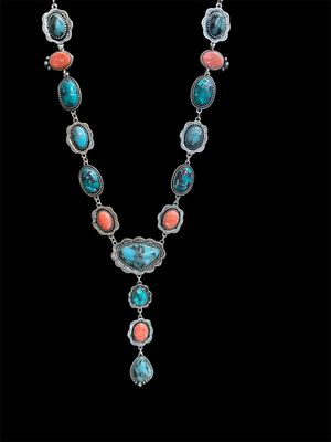N1435 24&quot; Turq/Coral Lariat Style Necklace
