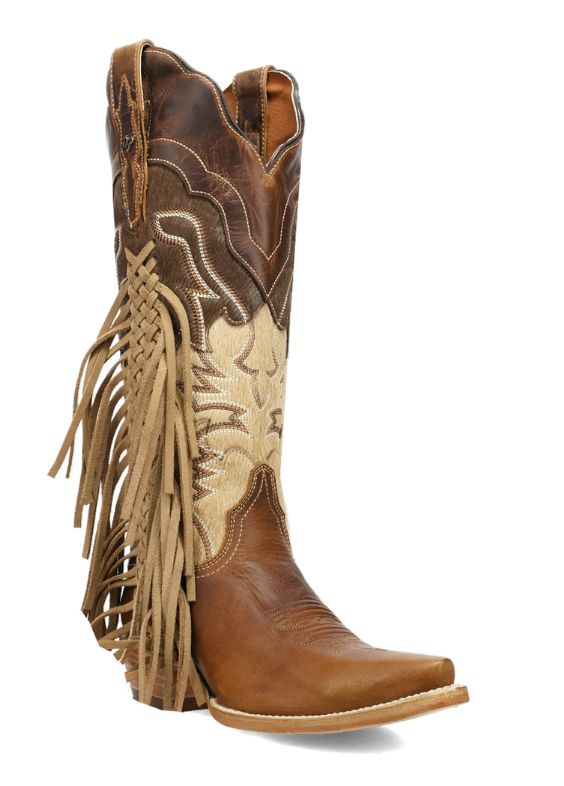 DP7059 Dayla Snip Toe Fringe Hair On boot, Colour: Brn/Tan, Size: 7M