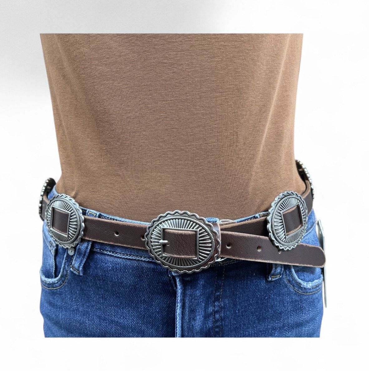 2252 Concho Belt on 3/4" Leather, Colour: Brown, Size: S/M