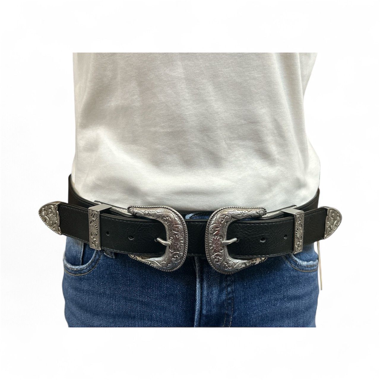 DB9380 Double Buckle Belt, Colour: Black, Size: Large