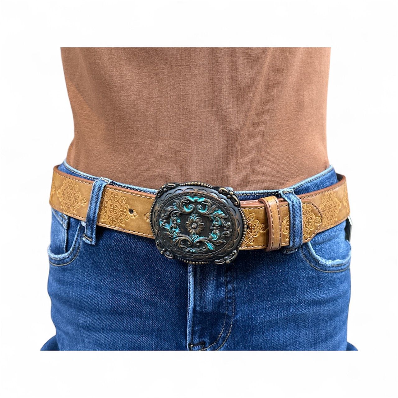 EB236 Tan Tooled Belt, Colour: Tan, Size: Sm/Med
