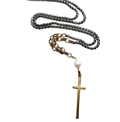 N25250 Long Cross Pearl Necklace