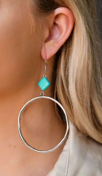 E1403 Turq Diamond Hoop Earr, Colour: Sil/Turq, Size: Earring