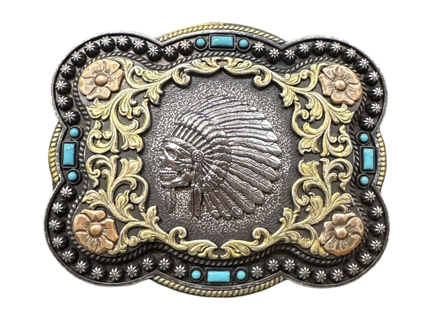 37038 Cheif Skull Buckle, Colour: Sil/Turq/Gol, Size: Buckle