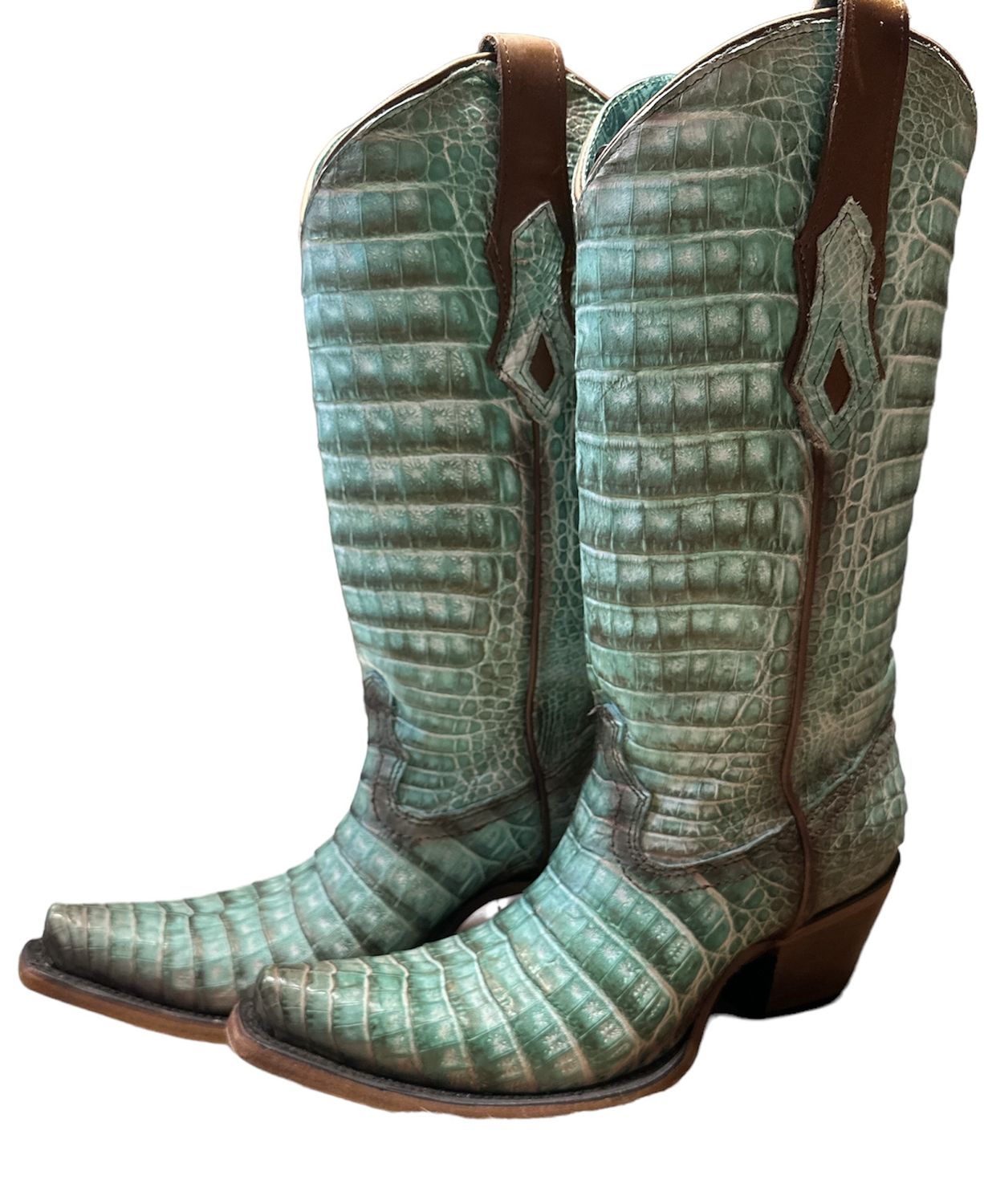 C3998 Jade Full Caiman Hand Painted Boot, Colour: Jade/Brown, Size: 8M