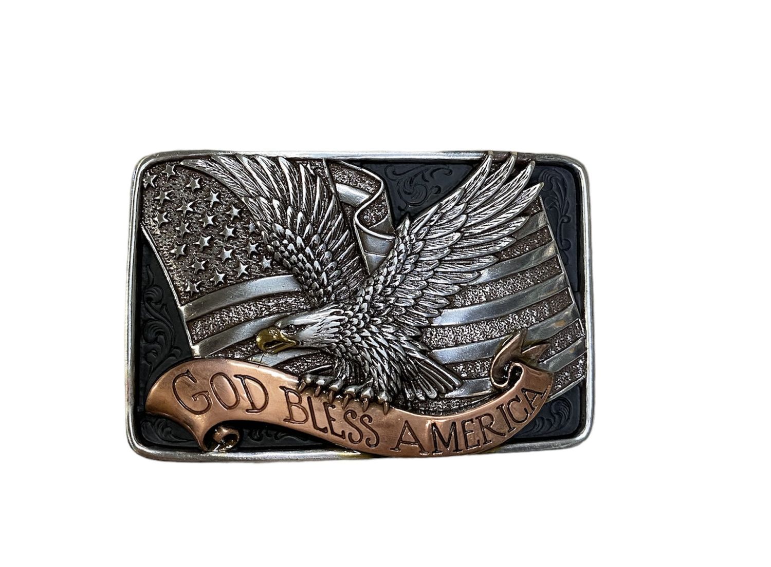 37913 Tri Color Rectangle God Bless America Buckle, Colour: Sil/Copper/Gold