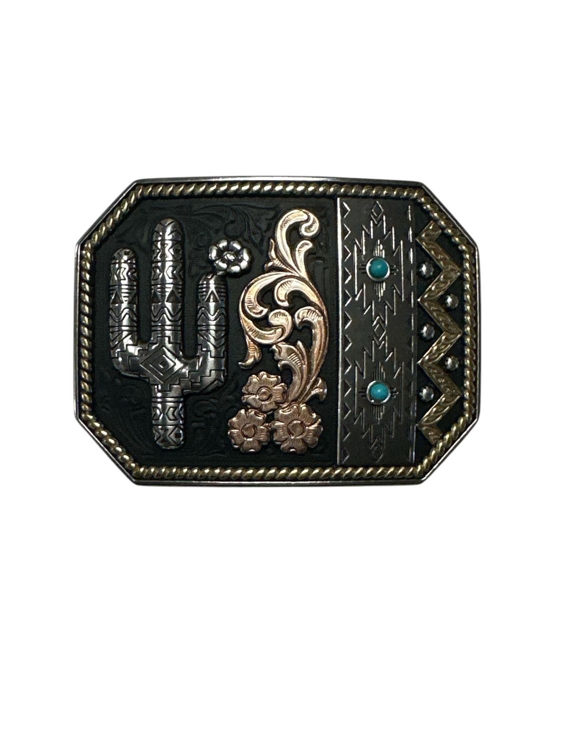 37942 Cactus Swirl Rectangle Buckle, Colour: Sil/Gold/Copper