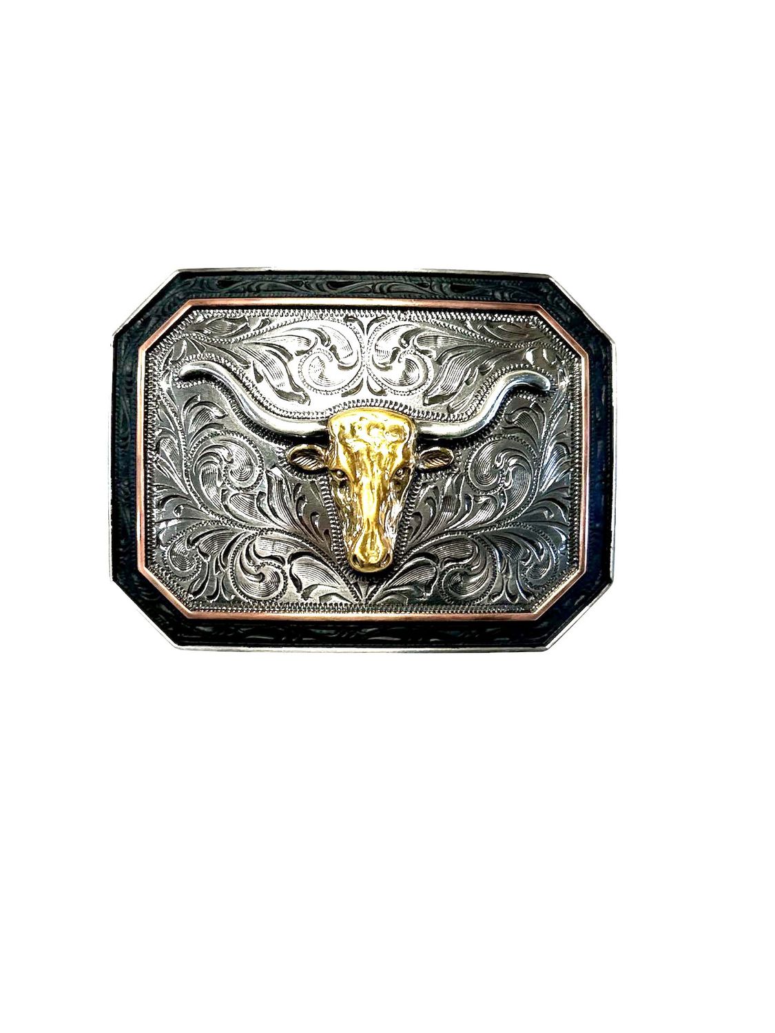 A37057 Longhorn Rectangle Buckle, Colour: Sil/Gold/Copper