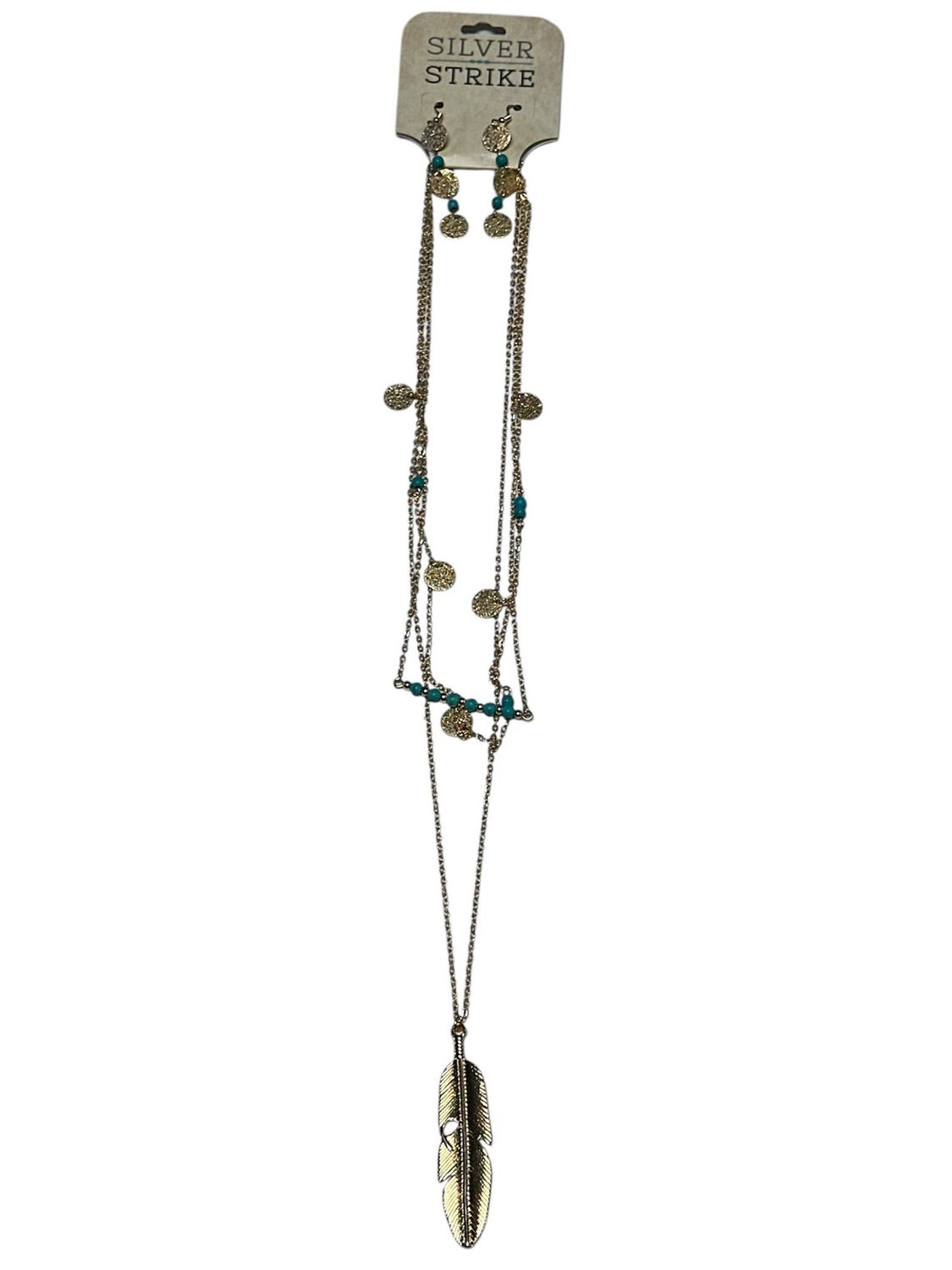 D450023235 3 Chain Gold Feather Neclace Set up, Colour: Gold/Turq
