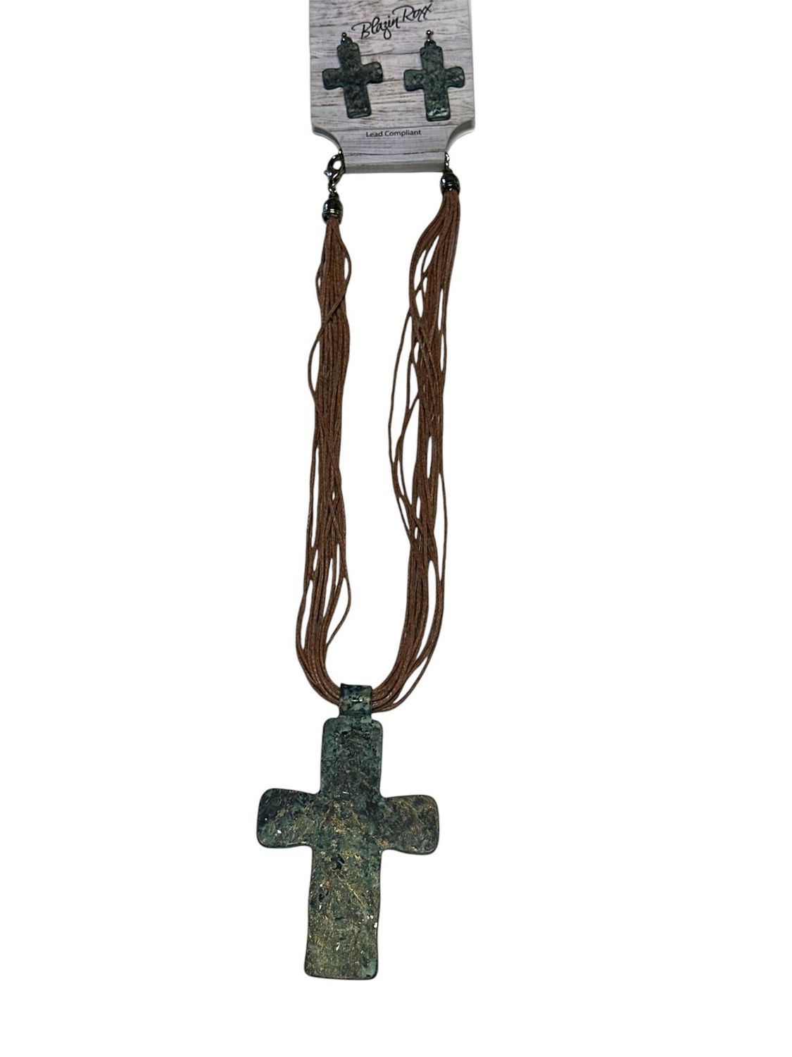 30945 Patina Cross Necklace Set, Colour: Brn/Turq