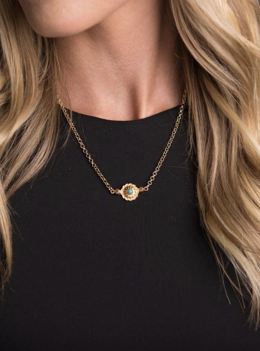 N1290 Gold ChainW/Flower Pendant, Colour: Gold/Turq
