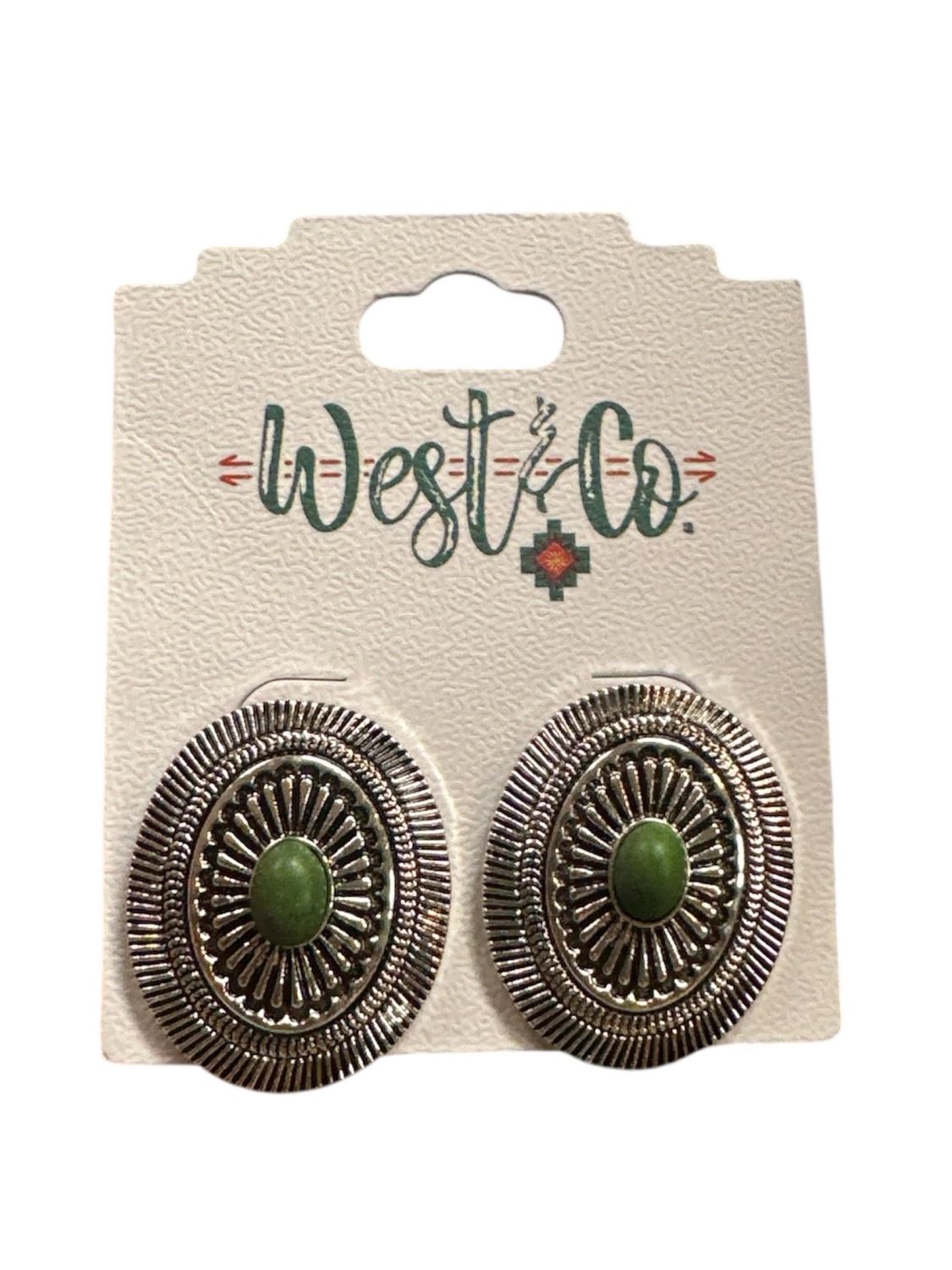 E845GRN Oval Concho Post Earring With Green Center Stone, Colour: Sil/Green