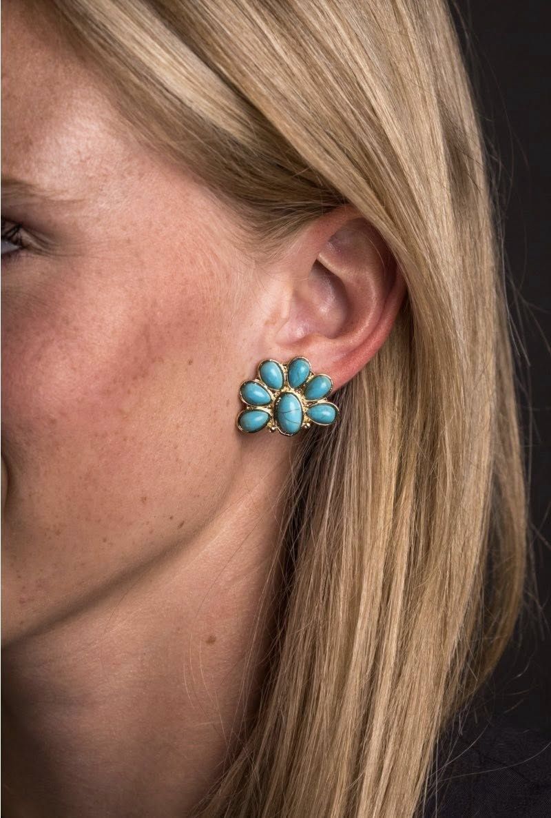 E734G Turq/Gold Half Flower Post earring, Colour: Gold/Turq
