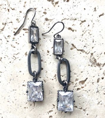 E23071 Gun Metal Crystal Paper Clip French Wire Earring