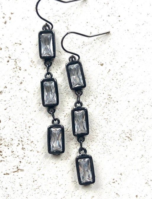 E23004 Triple Rectangle French Wire Earring, Colour: Gun Metal/Crystal
