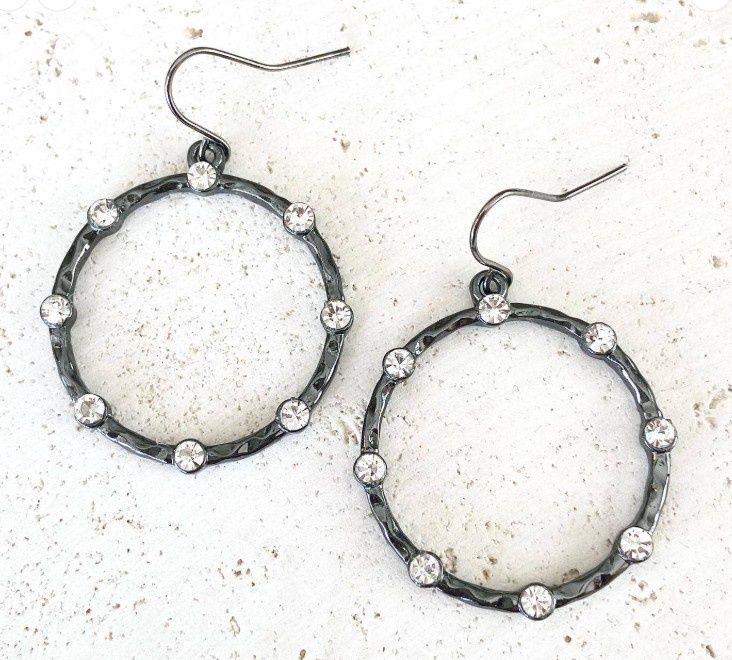 E23062 Gun Metal Circle Earring, Colour: Gun Metal/Crystal