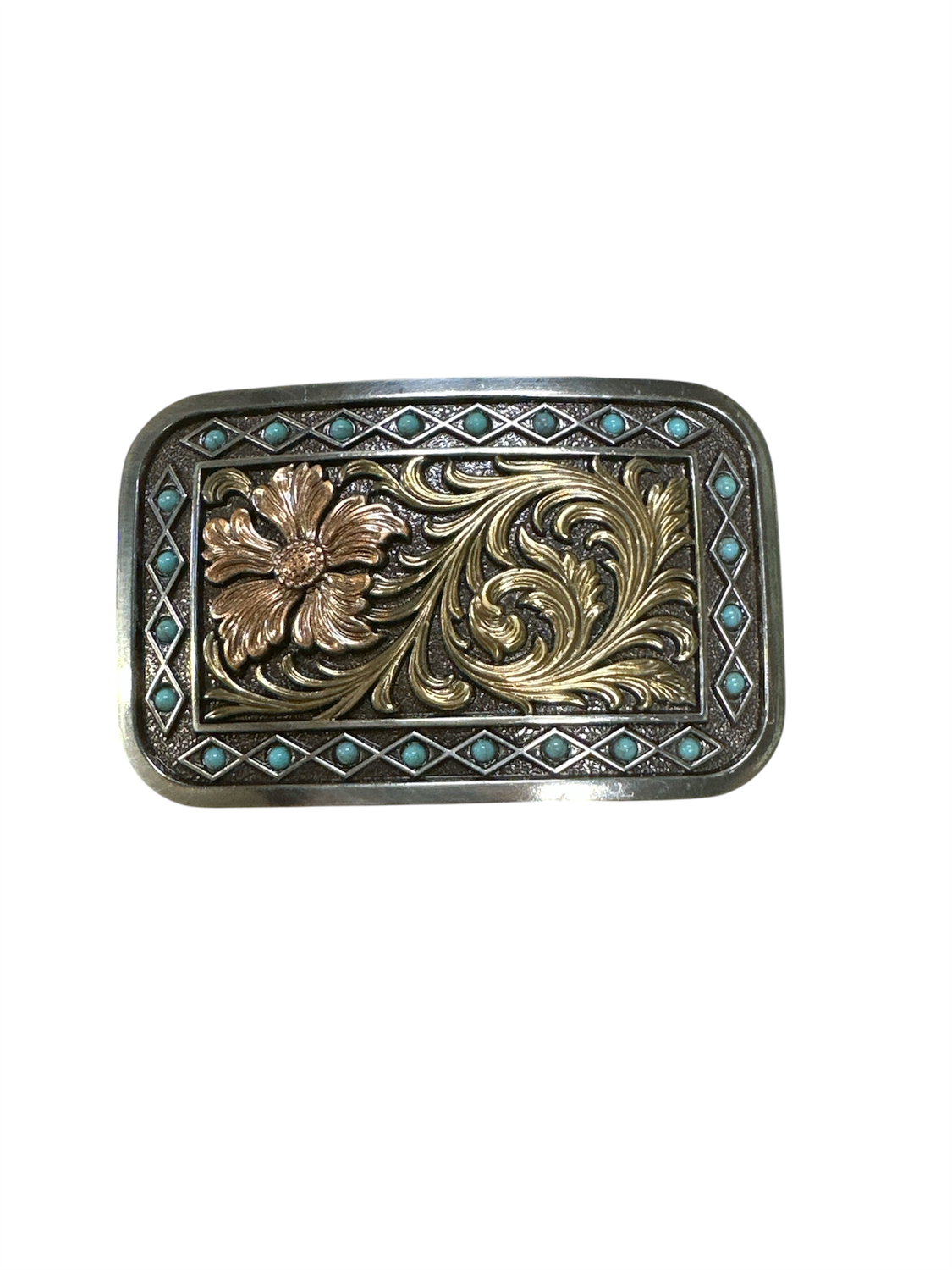 37966 Buckle W/Flower and Scroll, Colour: Sil/Rose/Turq