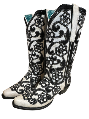 A5126 Blk/White Floral Embroidered Boot