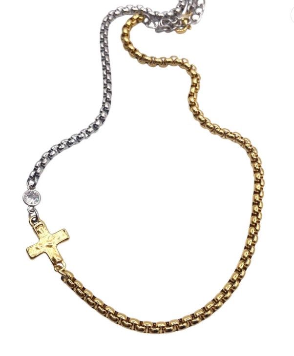 N25391 Two Tone Chain Cross Necklace, Colour: Sil/Gold