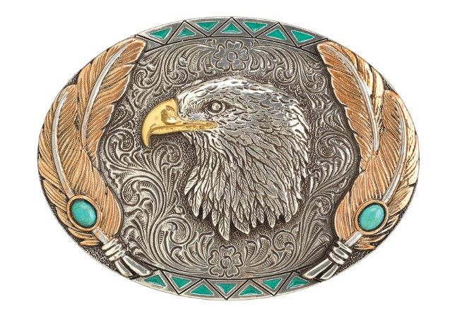 3700017 Oval Buckle With Eagle Head, Colour: Sil/Copper/Turq