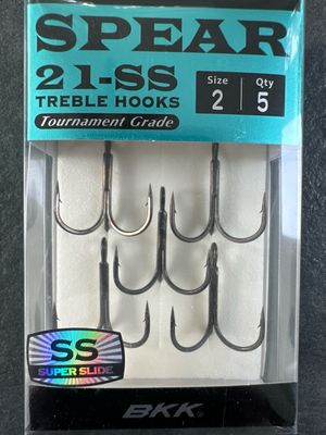 BKK Spear 21SS (Super Slide), Size 2 Tournament Grade Treble Hooks. 5 Per Pack. New In Box.