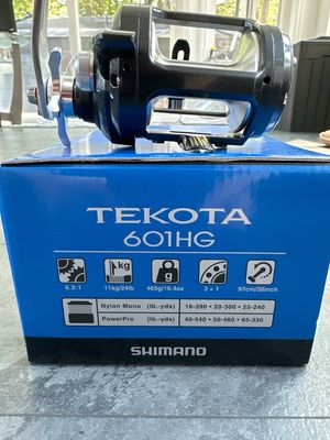 Shimano Tekota 601HG Left Handed Conventional SW Reel. 330yds 65lb Power Pro, 240yds 25lb Mono. New In Box.