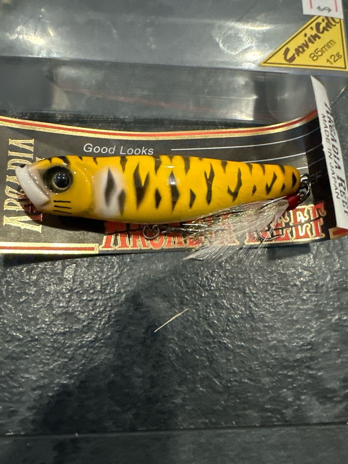 Arcadia Reef Carvin’ Gill 85 Hand Carved JDM Topwater Popper. Exact Bait In Pics. Outer Package Shows Sign Of Age But Bait Is Completely Unused, Beautiful New Condition