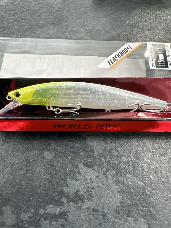 SALE PRICED Shimano Flashboost 115F Scorpion T Chart Pearl World Jerk. 16g (Touch Over 1/2oz) 115mm. NIP