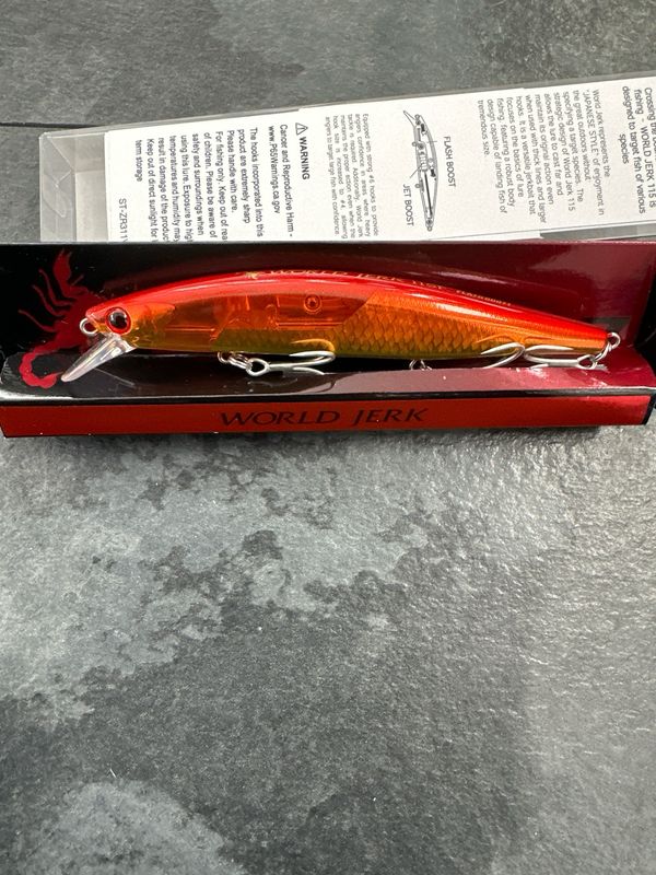 SALE PRICE. Shimano Flash Boost World Jerk N Red Gold Scorpion 115mm 16g, Gold Plate. NIB
